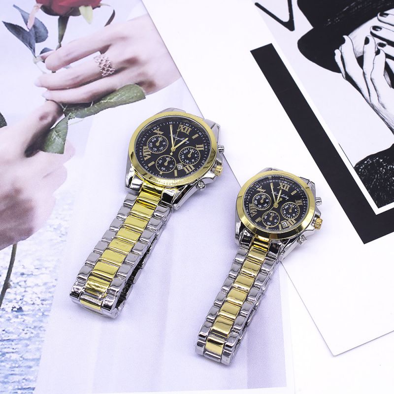 Fashion Mens Watch + Womens Watch Two Stainless Steel Round Dial Bracelets
