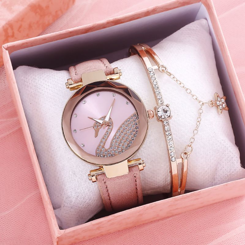 Fashion Pink Watch + Star Love Bracelet + Powder Box Stainless Steel Diamond Round Dial Watch + Bracelet Set