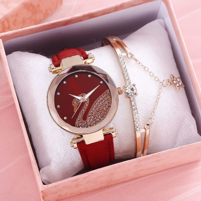 Fashion Red Watch + Star Love Bracelet + Compact Stainless Steel Diamond Round Dial Watch + Bracelet Set