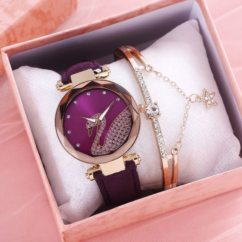 Fashion Purple Watch + Star Love Bracelet + Compact Stainless Steel Diamond Round Dial Watch + Bracelet Set