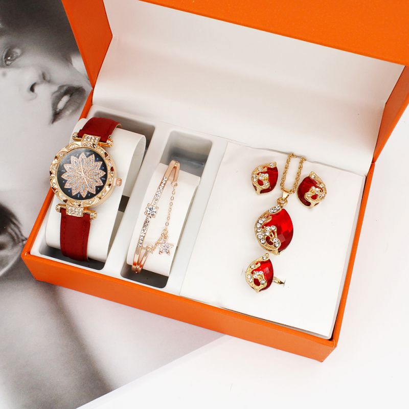 Fashion Red Watch + Bracelet + Red Diamond Necklace + Earrings + Ring + Box Stainless Steel Diamond Round Dial Watch + Bracelet + Earrings Necklace And Ring Set