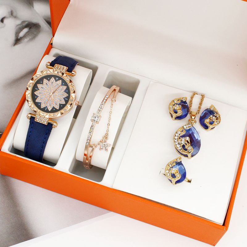 Fashion Blue Watch + Bracelet + Blue Diamond Necklace + Earrings + Ring + Box Stainless Steel Diamond Round Dial Watch + Bracelet + Earrings Necklace And Ring Set