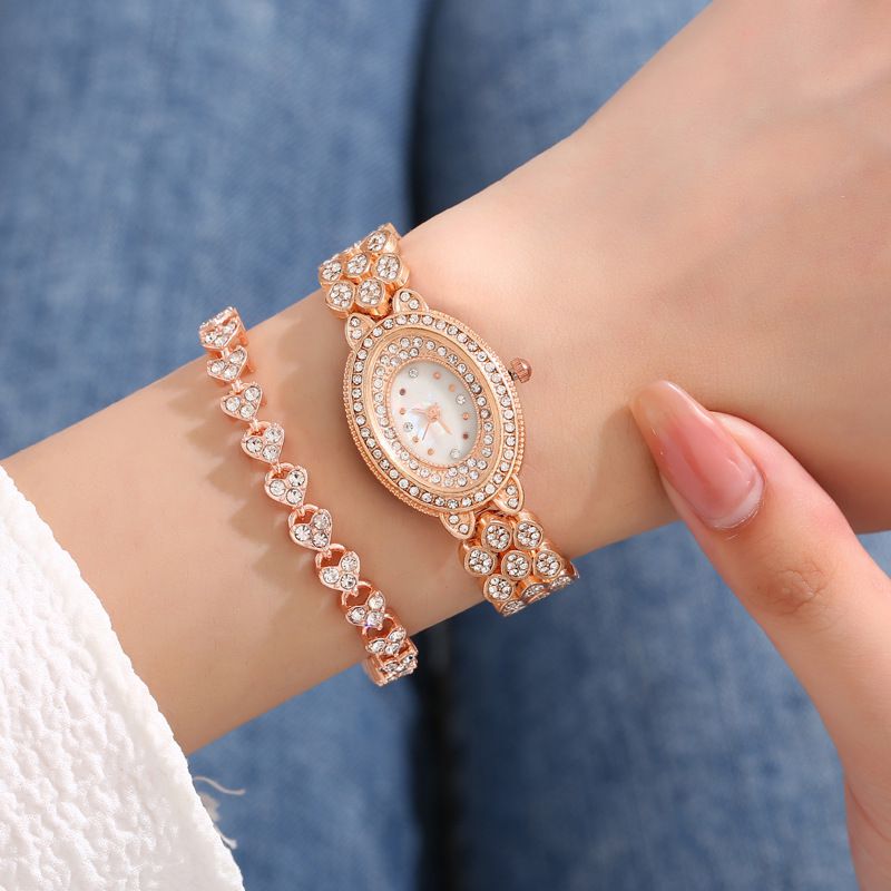 Fashion Rose Gold Watch + Rose Gold Bracelet Stainless Steel Diamond Oval Dial Watch + Bracelet Set
