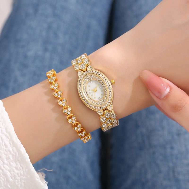 Fashion Gold Watch + Gold Bracelet Stainless Steel Diamond Oval Dial Watch + Bracelet Set