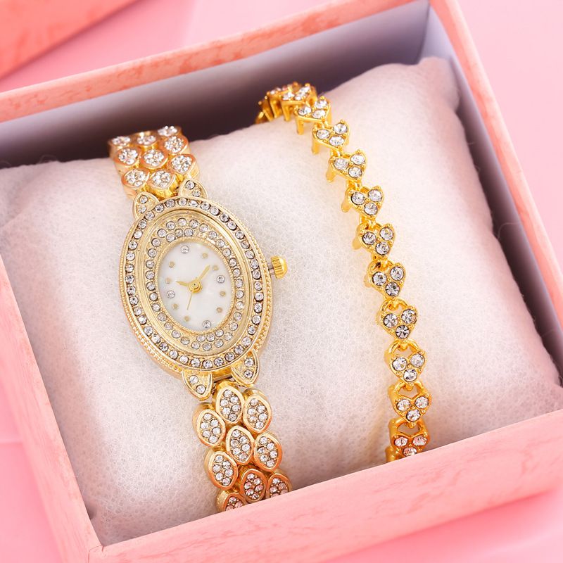 Fashion Gold Watch+gold Bracelet+box Stainless Steel Diamond Oval Dial Watch + Bracelet Set
