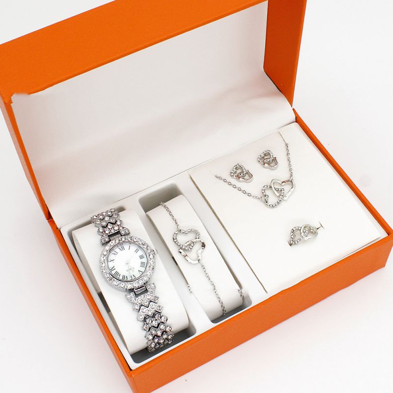 Fashion Silver Watch + Silver Double Heart Bracelet Earrings Necklace Ring + Box Stainless Steel Diamond Round Dial Watch + Love Bracelet Necklace Earrings Ring Set