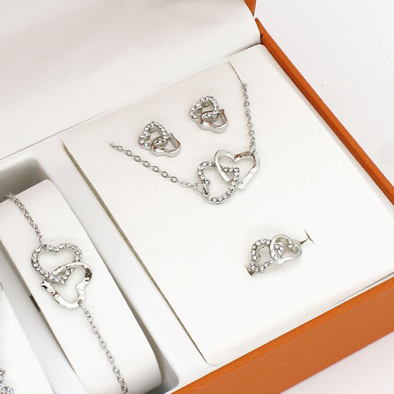Fashion Silver Double Heart Bracelet Earrings Necklace Ring/jewelry Set Stainless Steel Diamond Love Bracelet Necklace Earrings Ring Set