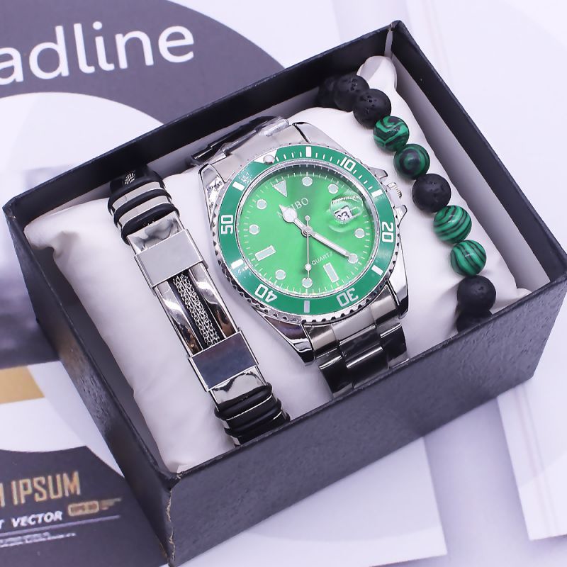 Fashion Green Steel Belt + Cool Bracelet + Green Bead Bracelet + Box Stainless Steel Round Dial Mens Watch + Beaded Bracelet Set