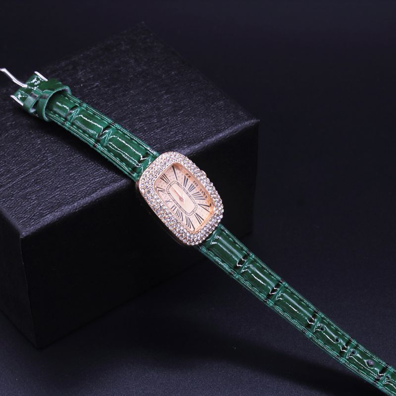Fashion Green Watch Stainless Steel Diamond Square Dial Watch + Bracelet Set