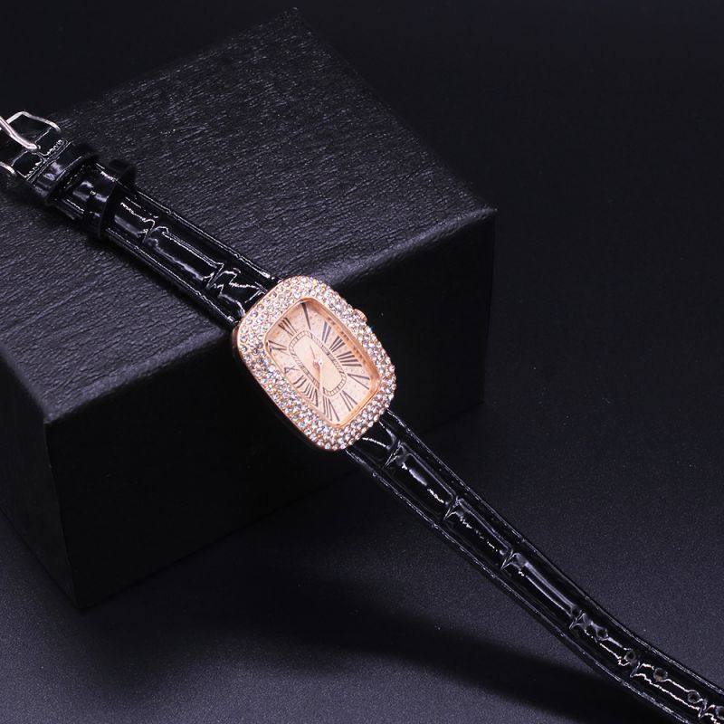 Fashion Black Watch Stainless Steel Diamond Square Dial Watch + Bracelet Set