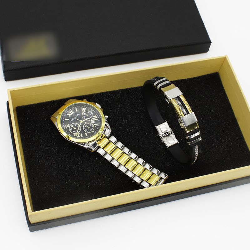 Fashion Mens Watch + Mens Cool Bracelet + Gift Box Stainless Steel Round Dial Mens Watch + Bracelet Set