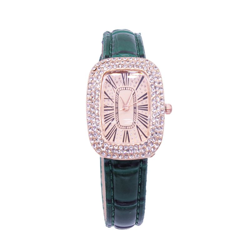 Fashion Green Watch Stainless Steel Diamond Square Dial Watch