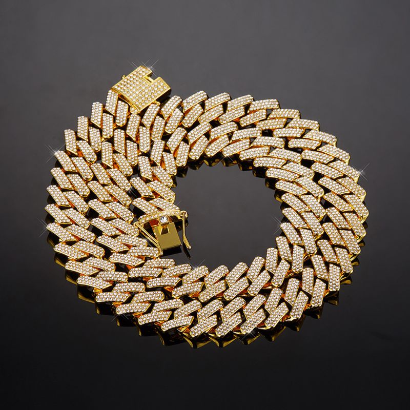 Fashion Gold Three-row Diamond Bar-shaped Cuban Chain Geometric Diamond Chain Necklace For Men