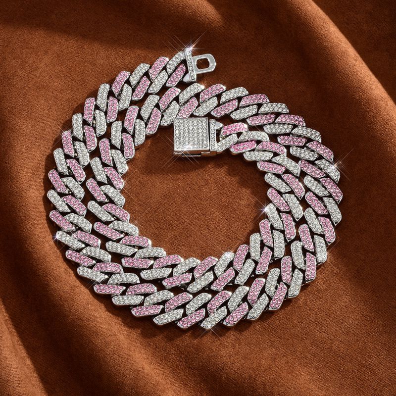 Fashion Silver White Pink Diamond Cuban Chain Geometric Diamond Chain Necklace For Men