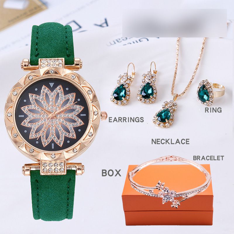 Fashion Green Watch + Bracelet + Green Diamond Necklace Earrings Ring + Box Stainless Steel Diamond Round Watch + Bracelet Necklace Earrings Ring Set
