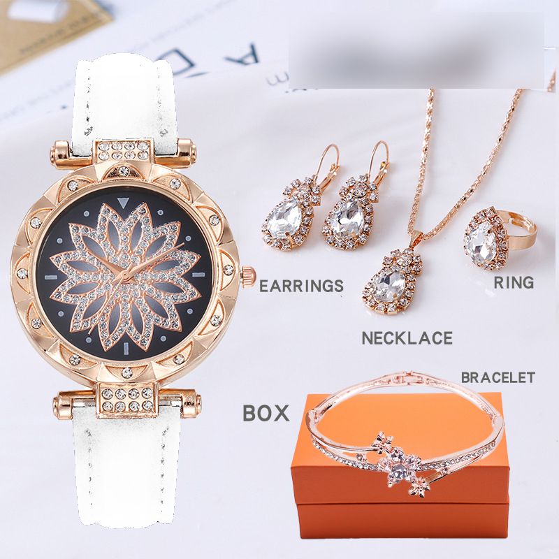 Fashion White Watch + Bracelet + White Diamond Necklace Earrings Ring + Box Stainless Steel Diamond Round Watch + Bracelet Necklace Earrings Ring Set