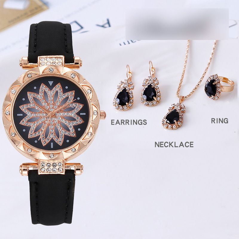 Fashion Black Watch + Black Diamond Necklace Earrings And Ring Stainless Steel Diamond Round Watch + Necklace Earrings And Ring Set