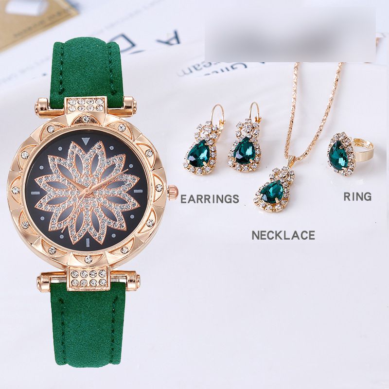 Fashion Green Watch + Green Diamond Necklace Earrings And Ring Stainless Steel Diamond Round Watch + Necklace Earrings And Ring Set