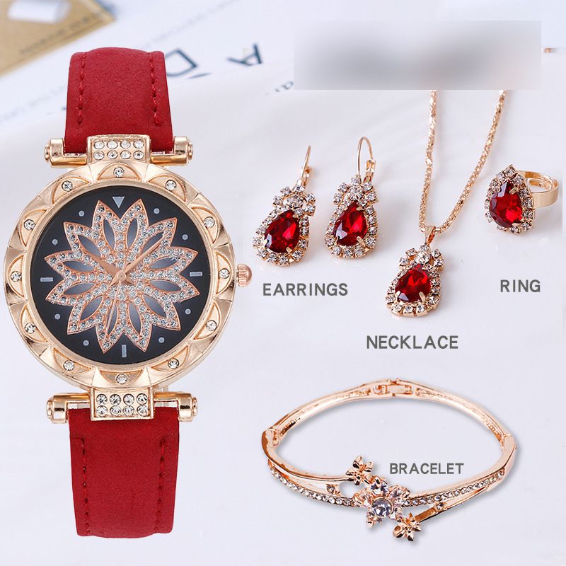 Fashion Red Watch + Bracelet + Red Diamond Necklace Earrings And Ring Stainless Steel Diamond Round Watch + Bracelet Necklace Earrings Ring Set