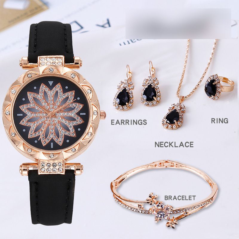 Fashion Black Watch + Bracelet + Black Diamond Necklace Earrings And Ring Stainless Steel Diamond Round Watch + Bracelet Necklace Earrings Ring Set