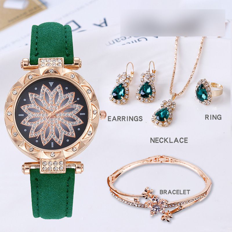 Fashion Green Watch + Bracelet + Green Diamond Necklace Earrings And Ring Stainless Steel Diamond Round Watch + Bracelet Necklace Earrings Ring Set