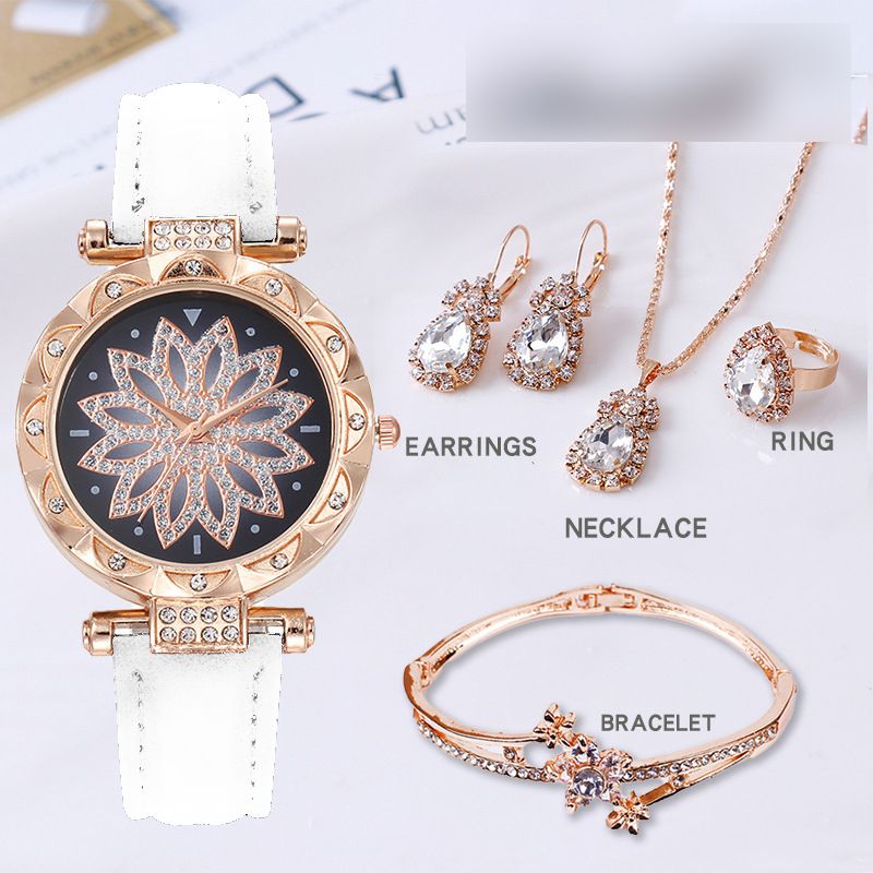 Fashion White Watch + Bracelet + White Diamond Necklace Earrings And Ring Stainless Steel Diamond Round Watch + Bracelet Necklace Earrings Ring Set