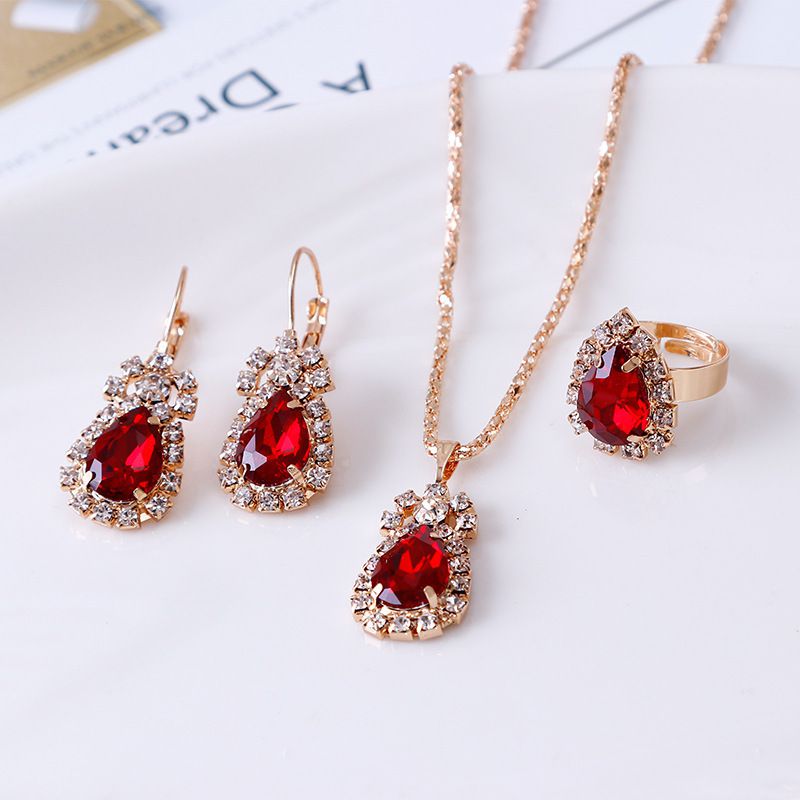 Fashion Red Diamond Necklace Earrings Ring Stainless Steel Diamond Necklace Earrings Ring Set