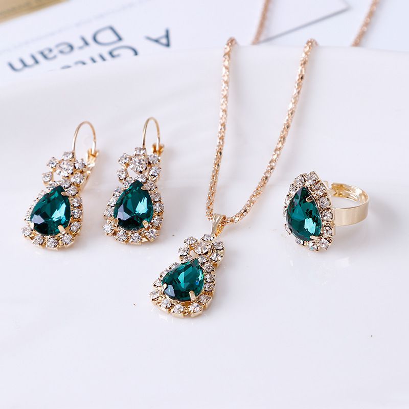Fashion Green Diamond Necklace Earrings Ring Stainless Steel Diamond Necklace Earrings Ring Set