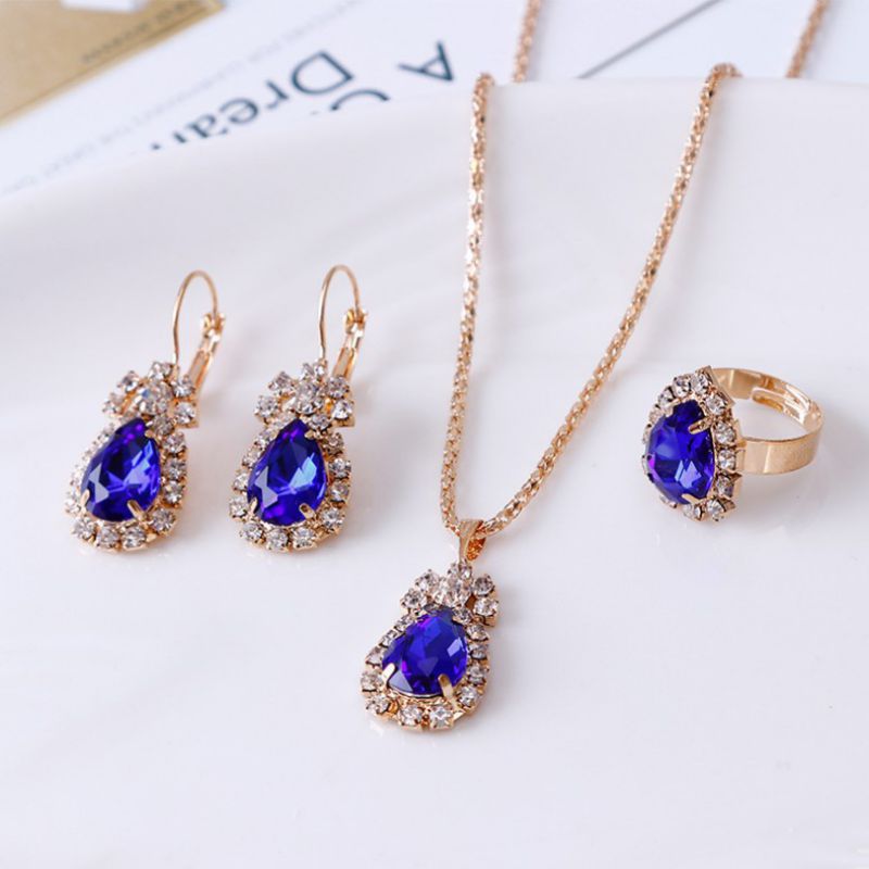Fashion Blue Diamond Necklace Earrings Ring Stainless Steel Diamond Necklace Earrings Ring Set