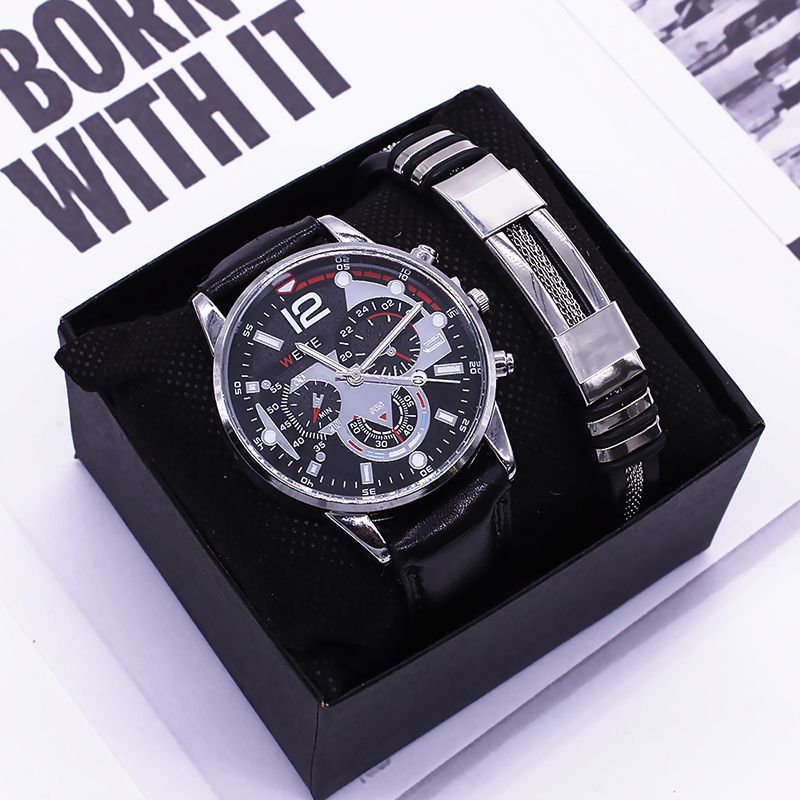 Fashion Silver Shell Black Plate And Black Belt + Cool Bracelet + Gift Box Stainless Steel Round Watch Bracelet Mens Set