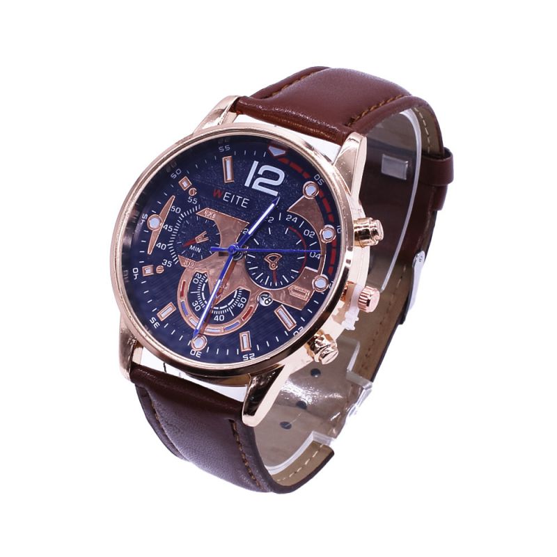 Fashion Rose Gold Case Rose Gold Plate Brown Strap Watch Stainless Steel Round Mens Watch
