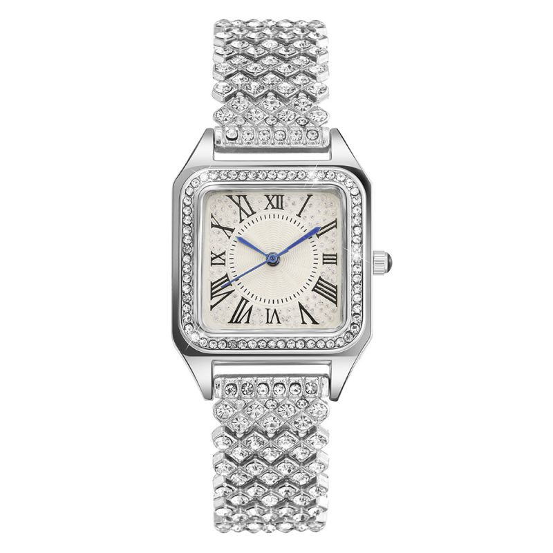 Fashion Silver Watch Stainless Steel Diamond Square Watch