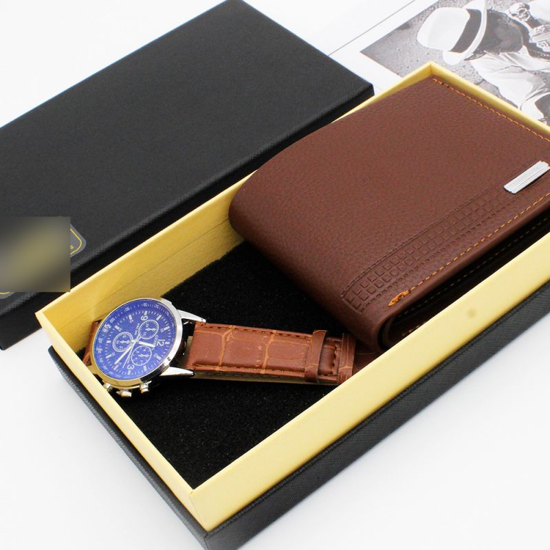 Fashion Black Face Brown Strap Watch + Brown Wallet + Gift Box Stainless Steel Round Watch + Wallet Mens Set