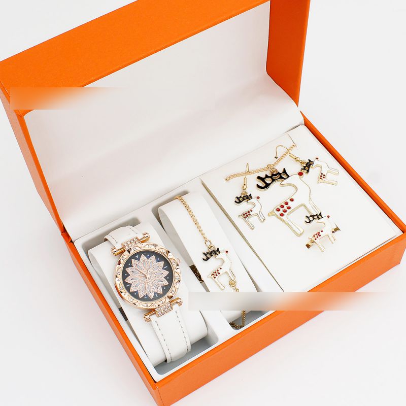Fashion White Watch + Elk Bracelet Earrings Necklace Ring + Box Stainless Steel Round Watch + Christmas Bracelet Necklace Earrings Ring Set