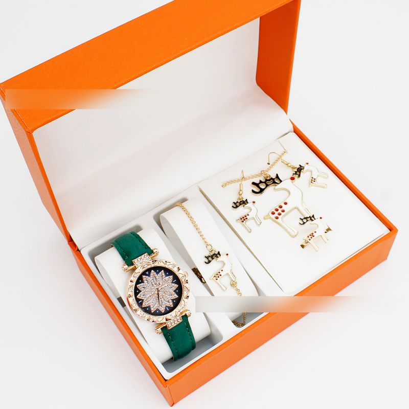 Fashion Green Watch + Elk Bracelet Earrings Necklace Ring + Box Stainless Steel Round Watch + Christmas Bracelet Necklace Earrings Ring Set