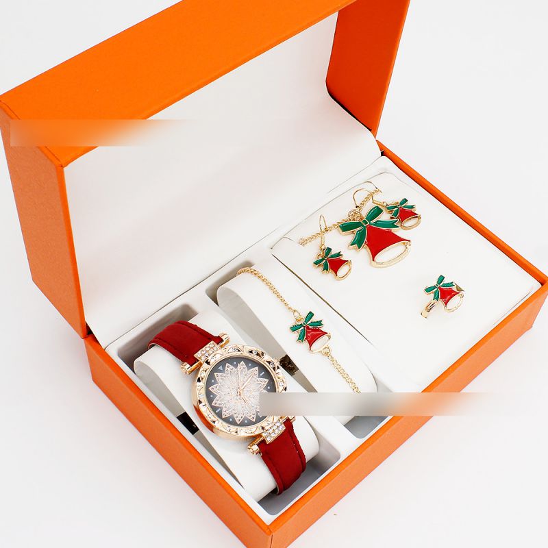 Fashion Red Watch + Christmas Bell Bracelet Earrings Necklace Ring + Box Stainless Steel Round Watch + Christmas Bracelet Necklace Earrings Ring Set