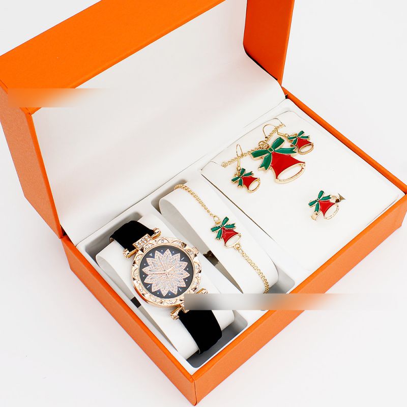 Fashion Black Watch + Christmas Bell Bracelet Earrings Necklace Ring + Box Stainless Steel Round Watch + Christmas Bracelet Necklace Earrings Ring Set