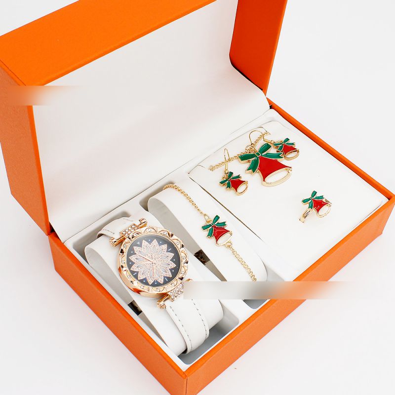 Fashion White Watch + Christmas Bell Bracelet Earrings Necklace Ring + Box Stainless Steel Round Watch + Christmas Bracelet Necklace Earrings Ring Set