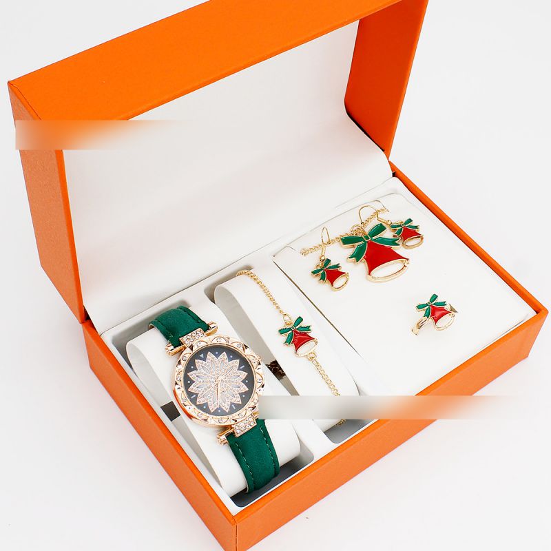 Fashion Green Watch + Christmas Bell Bracelet Earrings Necklace Ring + Box Stainless Steel Round Watch + Christmas Bracelet Necklace Earrings Ring Set