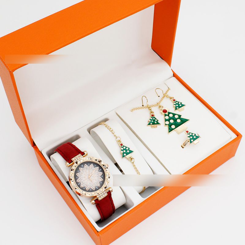 Fashion Red Watch + Christmas Tree Bracelet Earrings Necklace Ring + Box Stainless Steel Round Watch + Christmas Bracelet Necklace Earrings Ring Set