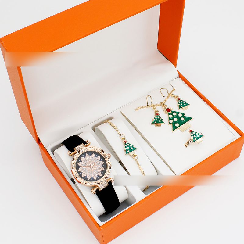 Fashion Black Watch + Christmas Tree Bracelet Earrings Necklace Ring + Box Stainless Steel Round Watch + Christmas Bracelet Necklace Earrings Ring Set