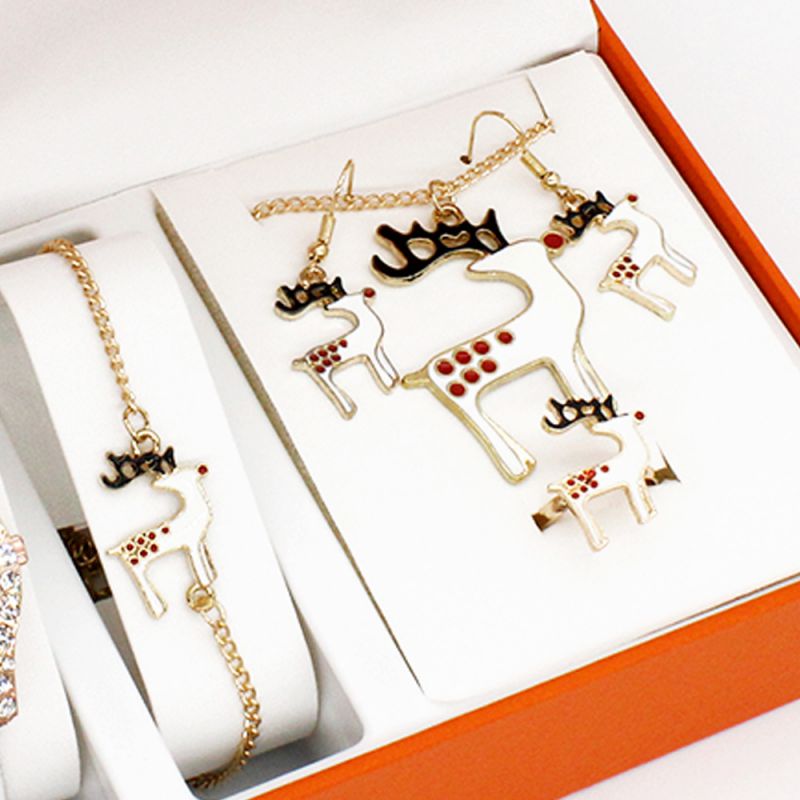 Fashion Elk Bracelet Earrings Necklace Ring Stainless Steel Christmas Bracelet Necklace Earrings Ring Set