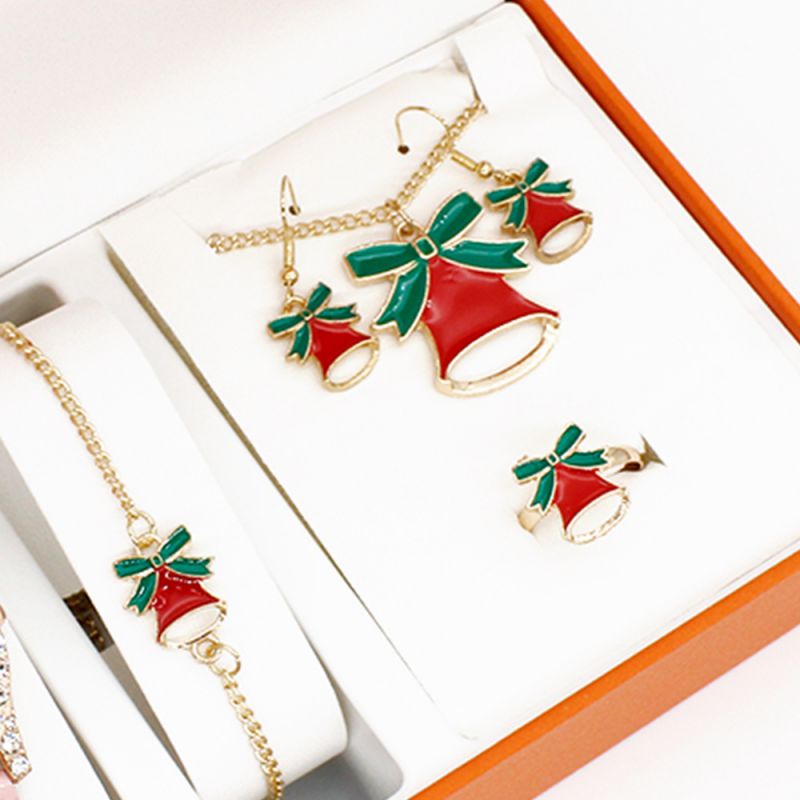 Fashion Christmas Bell Bracelet Earrings Necklace Ring Stainless Steel Christmas Bracelet Necklace Earrings Ring Set