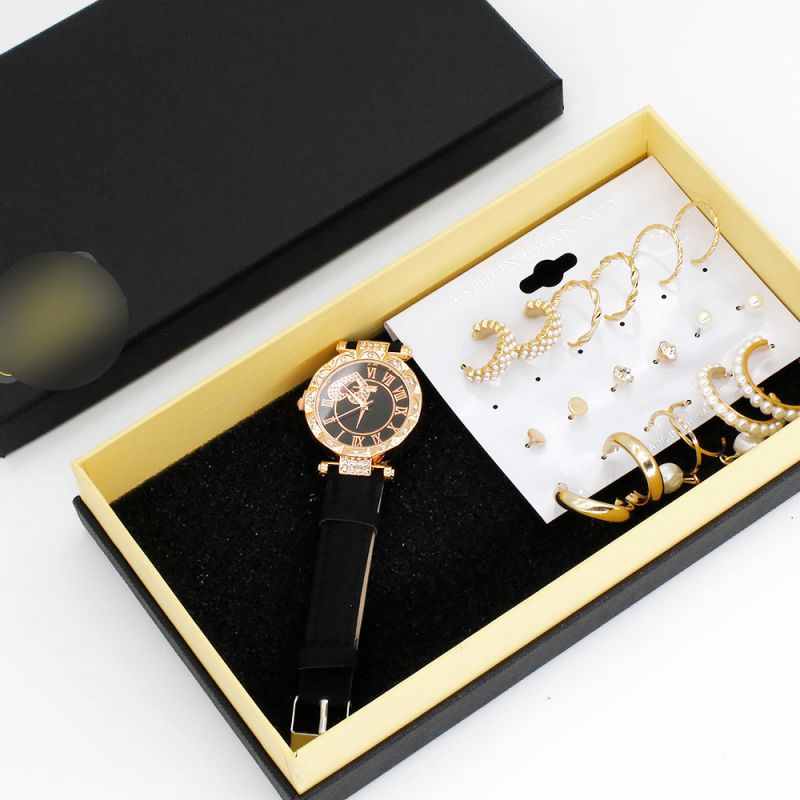 Fashion Black Watch + 9 Pairs Of Earrings + Gift Box Stainless Steel Round Watch Earrings Set