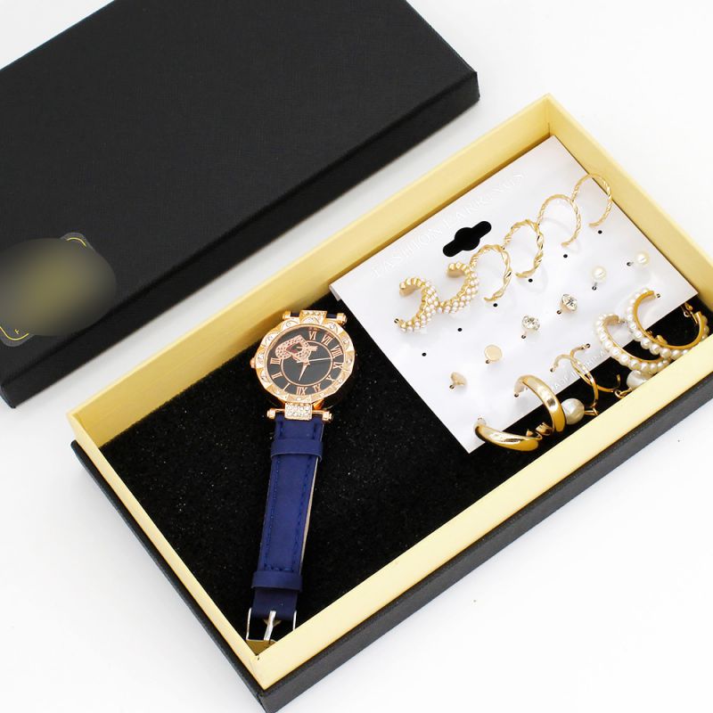 Fashion Blue Watch + 9 Pairs Of Earrings + Gift Box Stainless Steel Round Watch Earrings Set