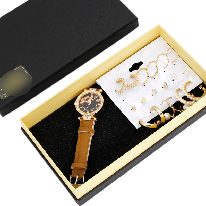 Fashion Brown Watch + 9 Pairs Of Earrings + Gift Box Stainless Steel Round Watch Earrings Set