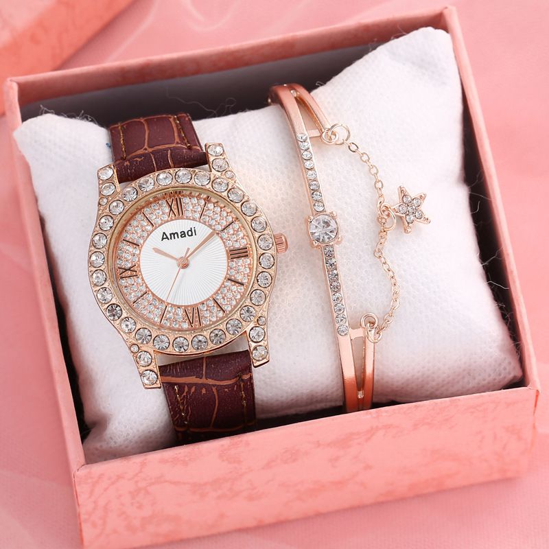 Fashion Brown Watch+xinglian Bracelet+box Stainless Steel Diamond Round Watch Bracelet Set