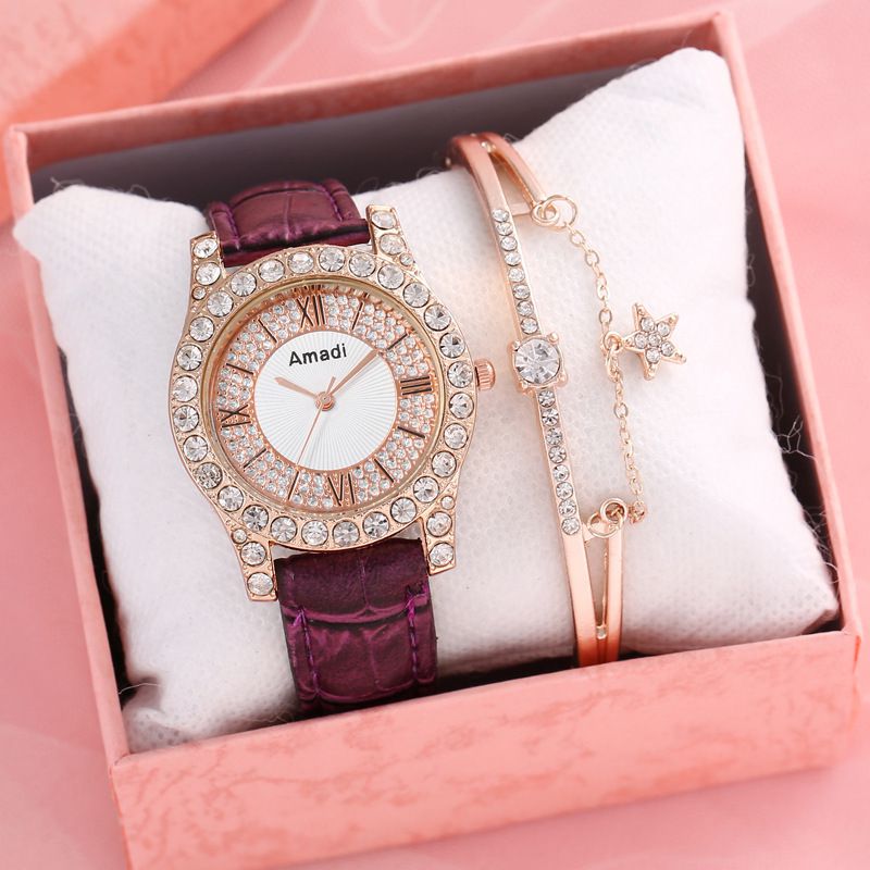 Fashion Purple Watch + Star Love Bracelet + Box Stainless Steel Diamond Round Watch Bracelet Set