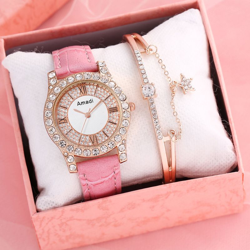 Fashion Pink Watch+xinglian Bracelet+box Stainless Steel Diamond Round Watch Bracelet Set
