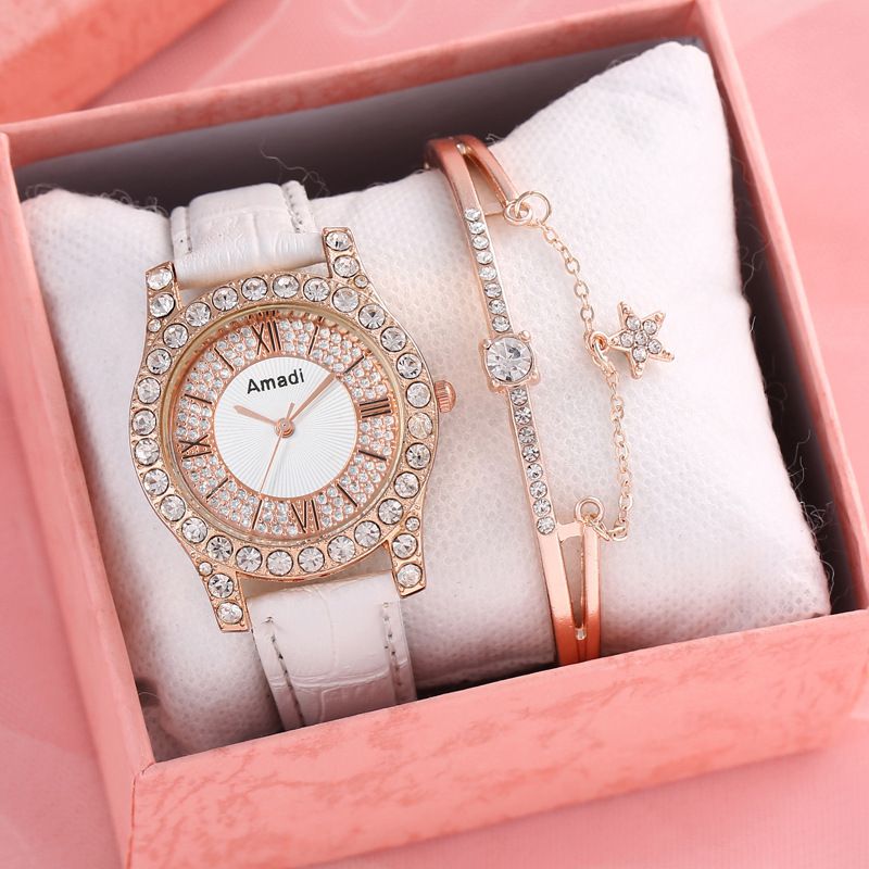 Fashion White Watch+xinglian Bracelet+box Stainless Steel Diamond Round Watch Bracelet Set